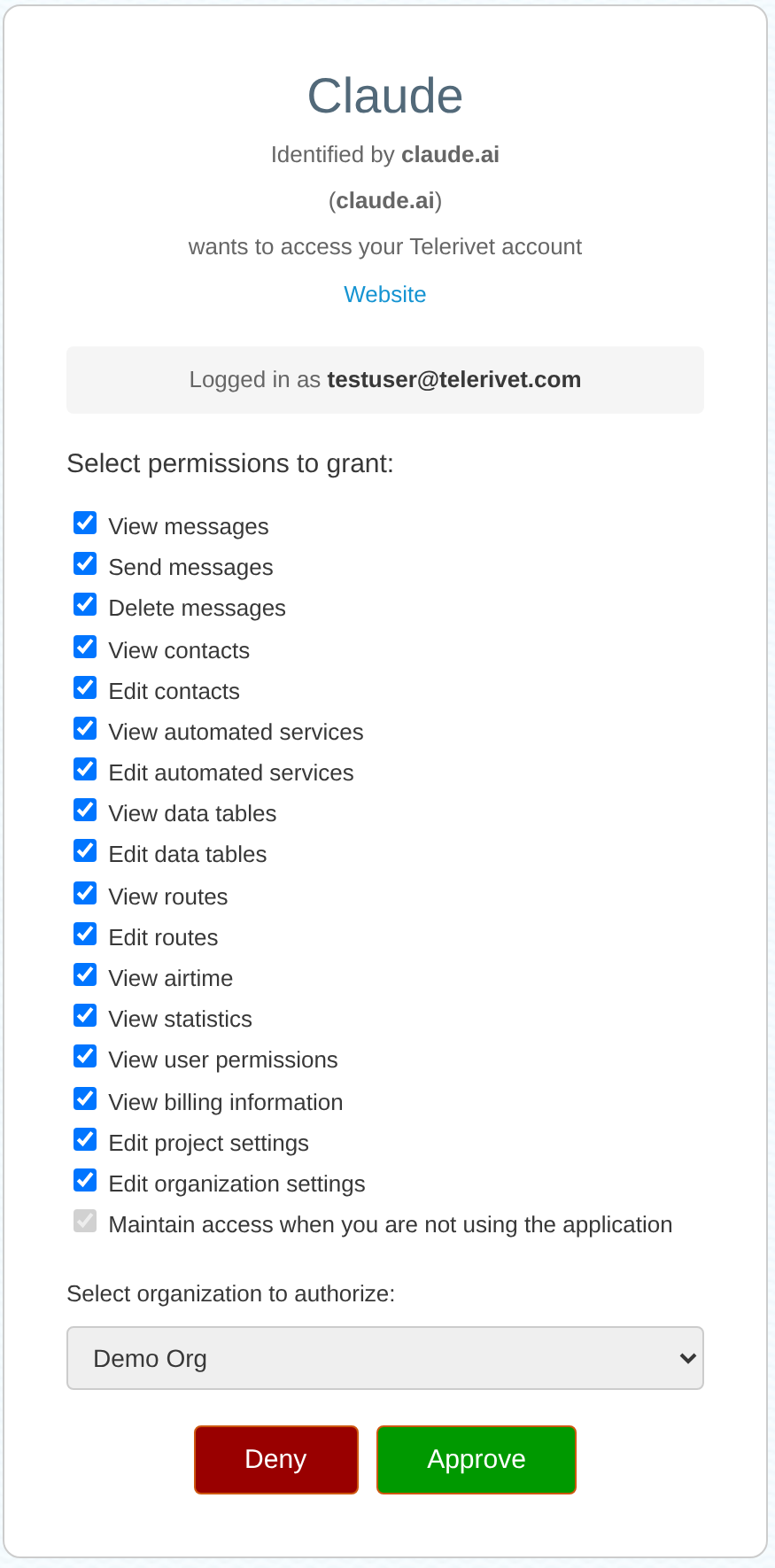 Telerivet authorization page for Claude, with permissions and organization