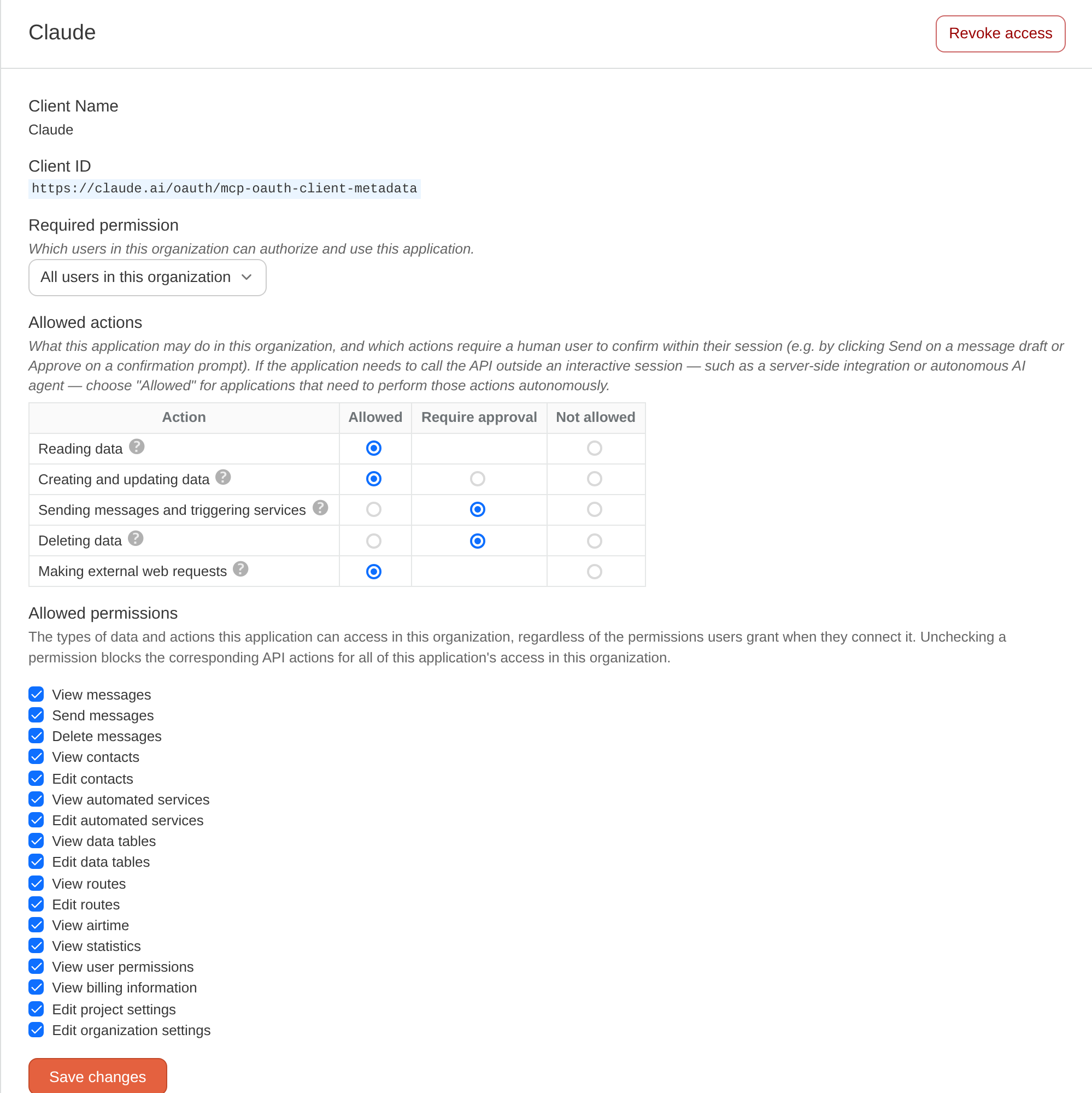 Settings for Claude on the Connected Applications page