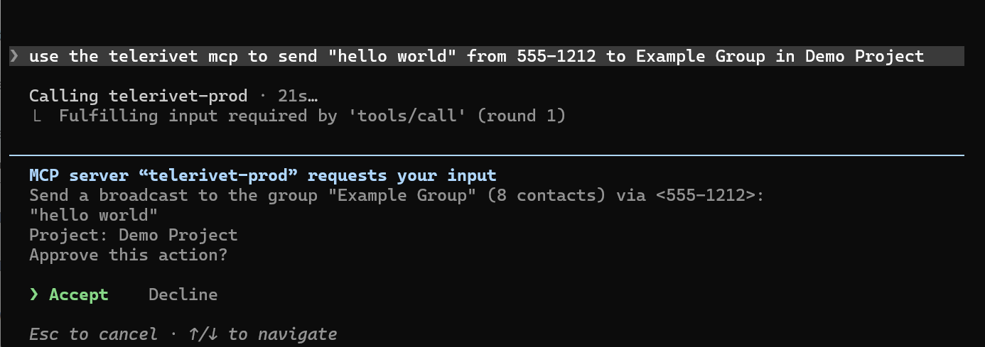 Approval prompt from Telerivet in Claude Code