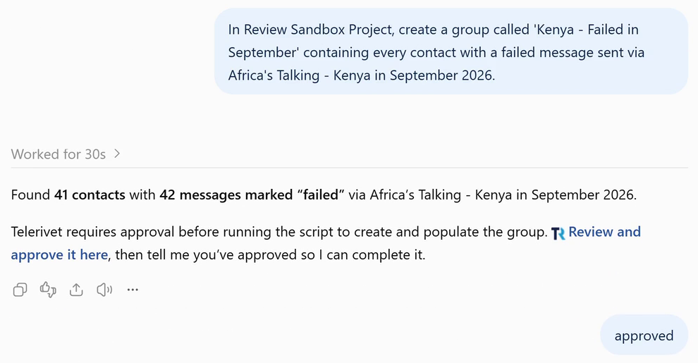 ChatGPT asking the user to approve an action in Telerivet