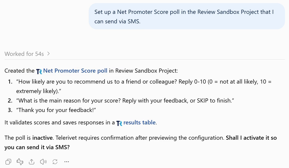 ChatGPT creating a Net Promoter Score poll in Telerivet