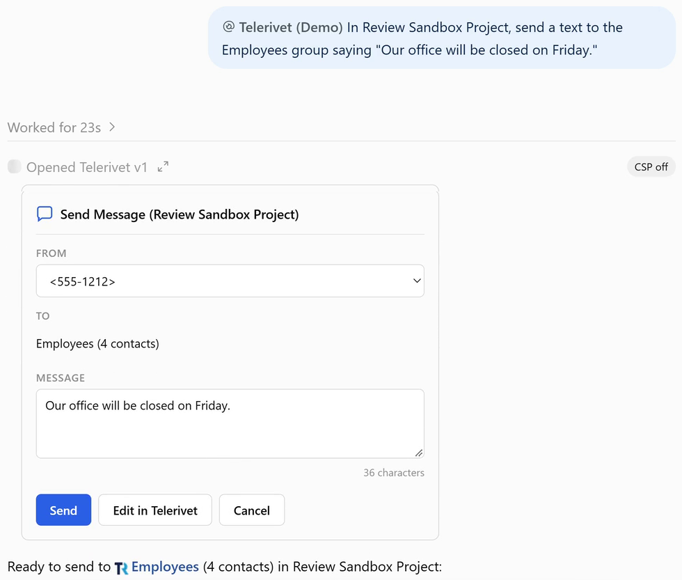 Editable message draft from Telerivet in ChatGPT