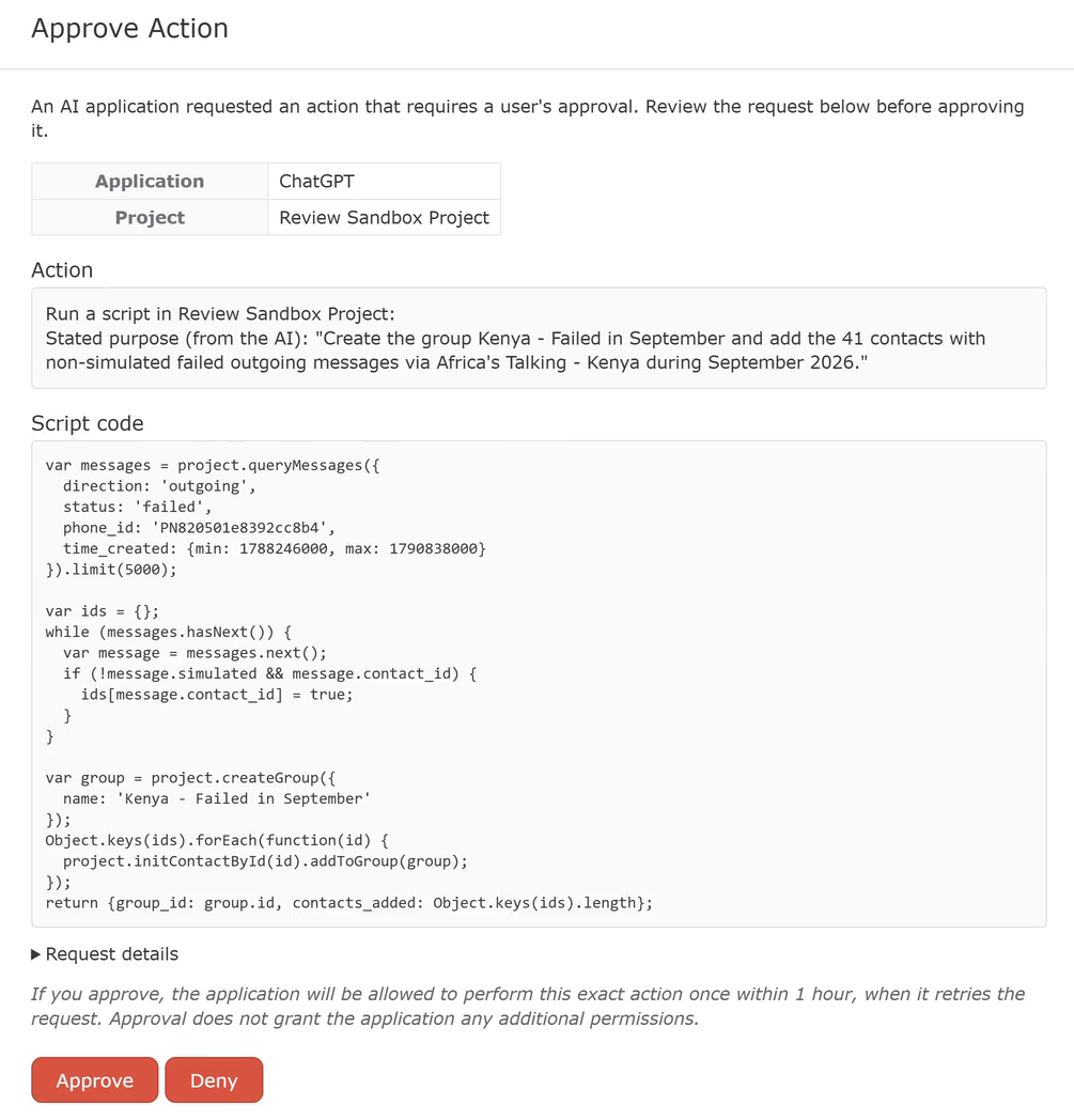 Approve Action page in Telerivet for the script ChatGPT requested