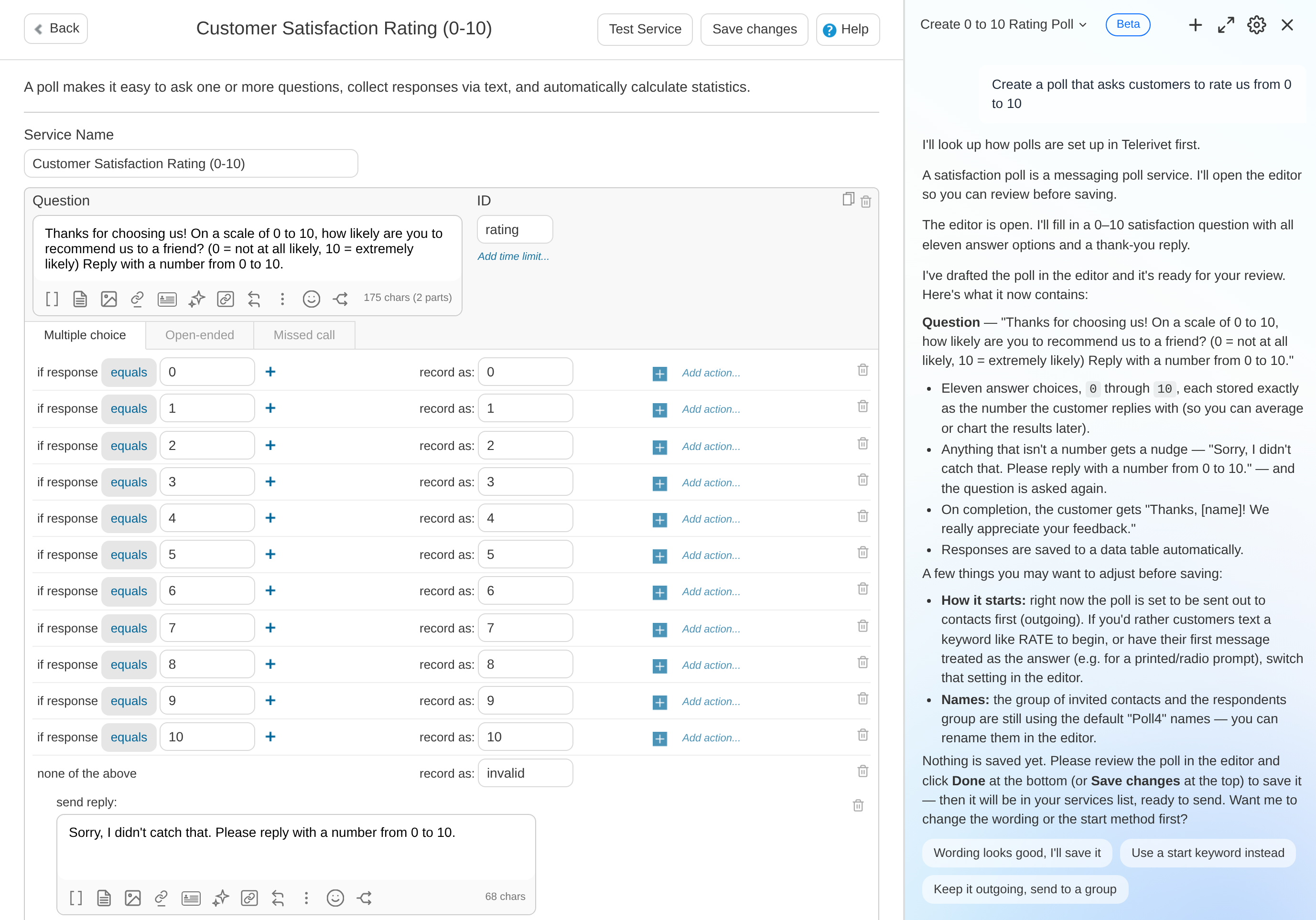 AI Operator drafting a 0 to 10 rating poll in the poll editor
