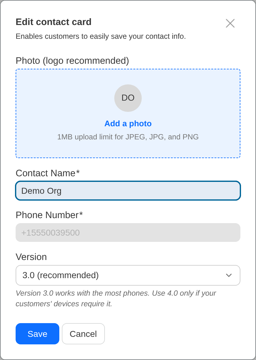 Edit contact card dialog