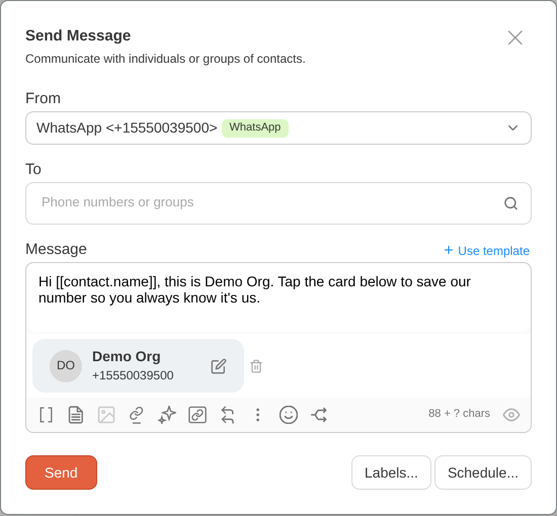Send Message dialog with a contact card attached